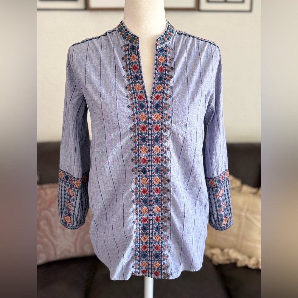 Johnny Was Workshop Embroidered‎ Tunic Boho Blouse Blue Stripe Size XS